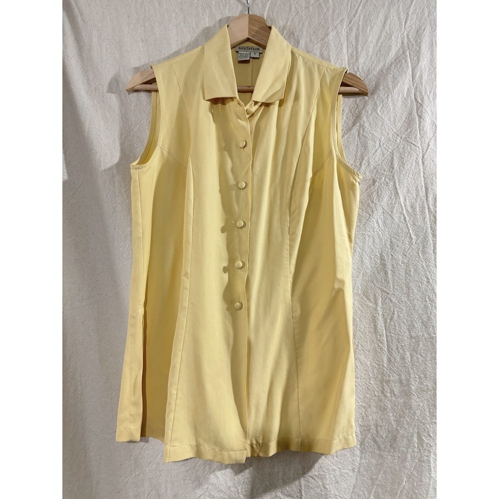 VTG Ann Taylor 100% Silk Sleeveless Shirt Butter Yellow Button Front 90s Small 6